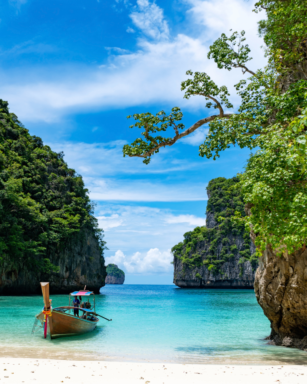 Paysage tropical entre plage, mer turquoise et falaises